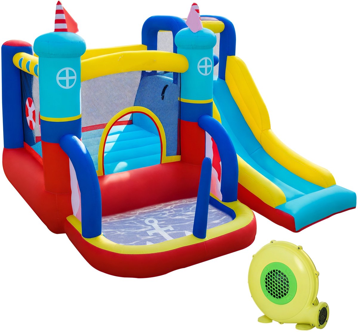 TEKROA® Opblaasbaar Springkasteel 4-in-1 voor Kinderen 3-8 Jaar - met Glijbaan en Zwembad - Waterpark - 450W ventilator -265x260x200 cm