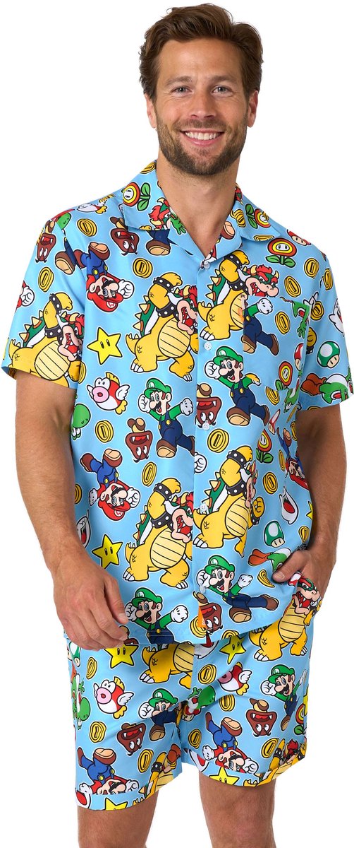 OppoSuits Super Mario™ - Group Heren Summer Set - Shirt en Short - Zomer Outfit - Volwassenen - Festival - Blauw - Maat L