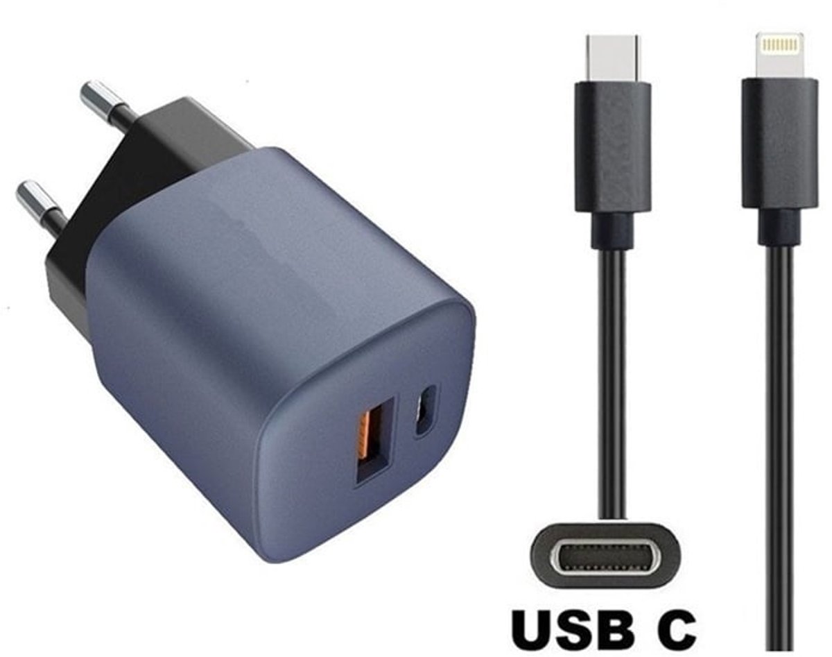 OneOne 33W super snellader met 2 poorten en screenprotector van glas voor iPhone 12 + 1,0m sterke USB C naar Lightning kabel. GaN lader. PD PPS oplader adapter. Glazen screenprotector past op Apple iPhone 12