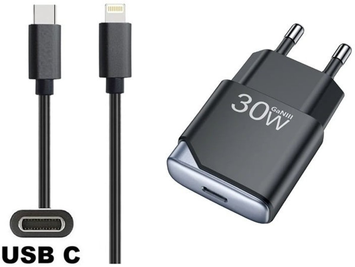 OneOne 30W super snellader en screenprotector van glas voor iPhone 13 Pro Max en iPhone 14 Plus + 2,0m sterke USB C naar Lightning kabel. GaN lader. PD PPS oplader adapter. Glazen screenprotector past op Apple iPhone 13 Pro Max & iPhone 14 Plus