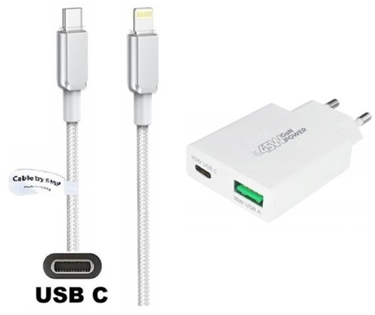 45W super snellader met 2 poorten en screenprotector + 2,0m USB C naar Lightning kabel. Universele PD PPS lader. Compacte GaN oplader adapter. Glazen screenprotector past op Apple iPhone 13 Pro Max & iPhone 14 Plus