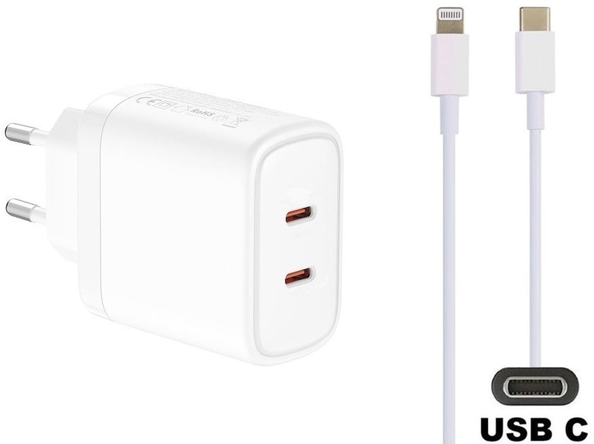 50W super snellader met 3 poorten en screenprotector. Oplader met sterke 1,2m USB C naar Lightning kabel. PPS GaN PD lader adapter. Glazen screenprotector past op Apple iPhone 13 Pro Max & iPhone 14 Plus