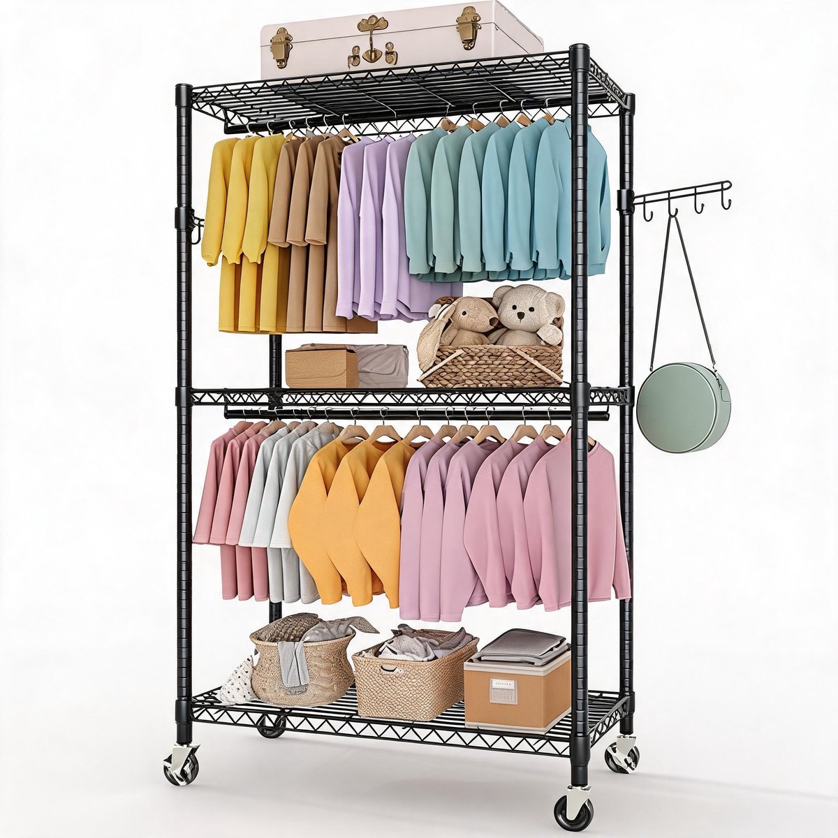 HOERFURIY Kledingrek met wielen — 3-Laags verstelbaar rek — 330KG 40×115×202,3cm voor huis & winkel
