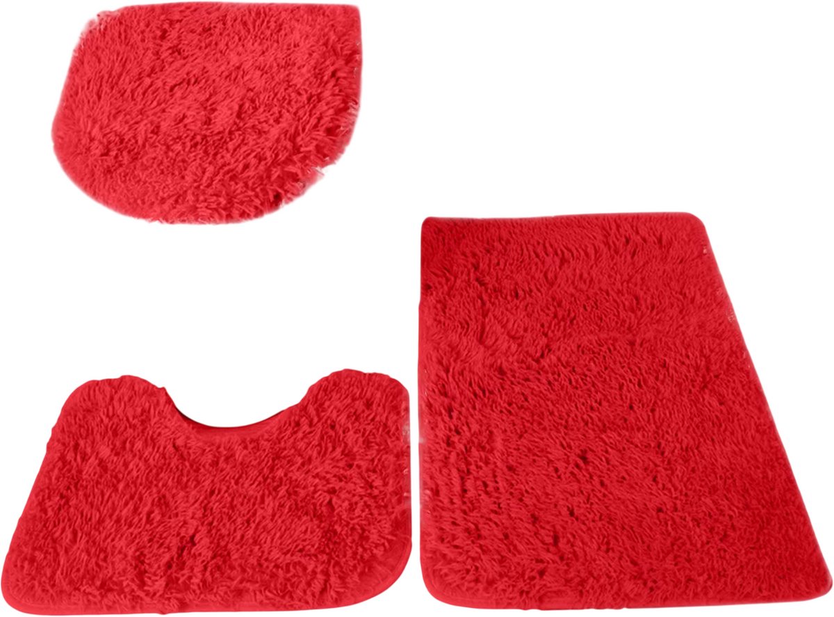 3 Delige Badkamer Mat Set – Antislip Badmatten met Toiletmat, WC Deksel Hoes, Zachte Pluizige Badkamerkleed en Badkamer Tapijt - Rood