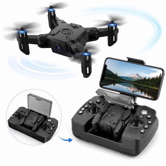 Zwarte mini drone met blauwe lichten vliegt rond, naast een afstandsbediening met smartphonehouder.