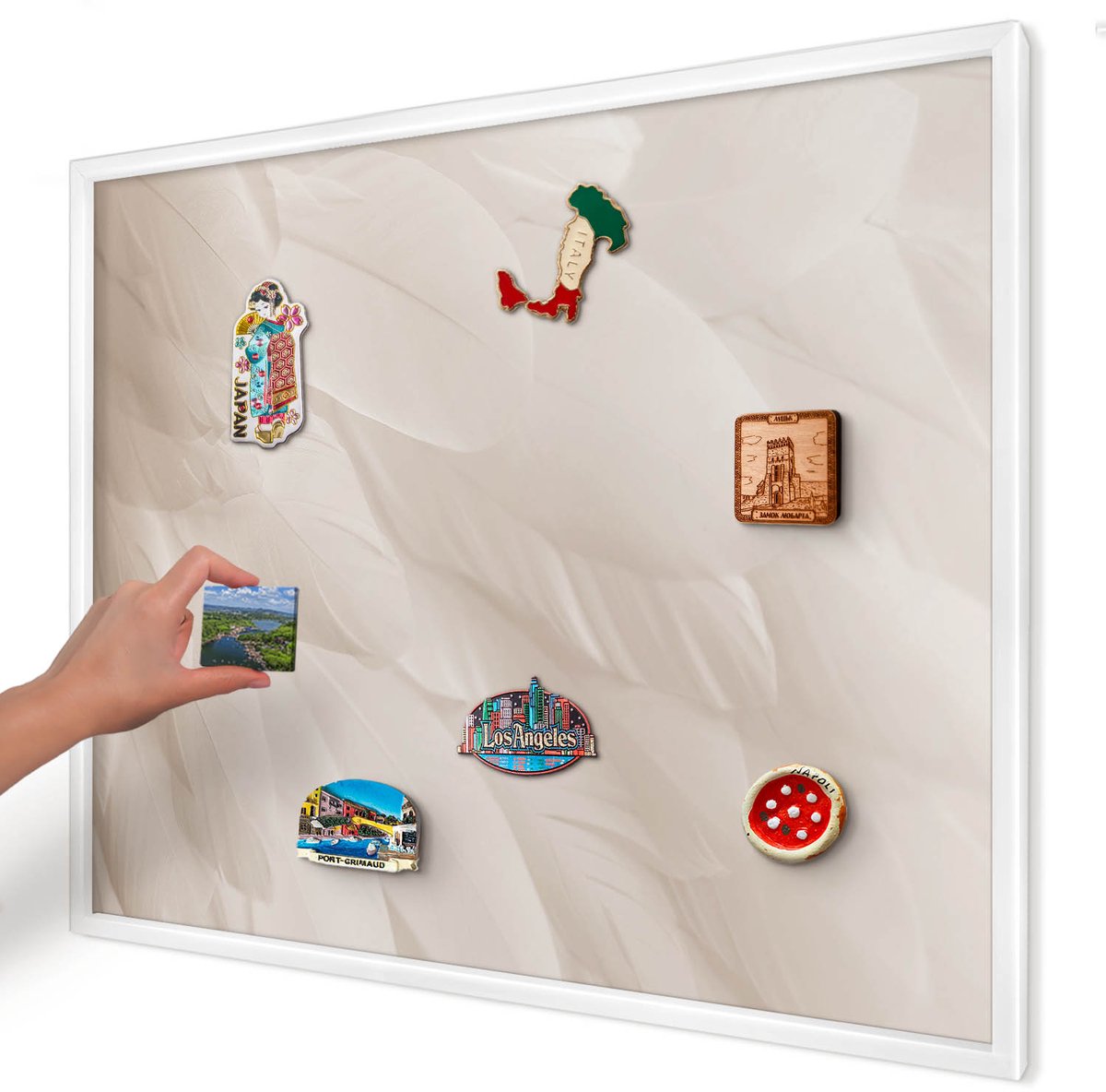 Artprintcave Romig Magneetbord mit Witte Lijst - 80x60 cm - Crèmekleurige Veren Notitiebord - Minimalist Wandbord Magnetisch - Texturen