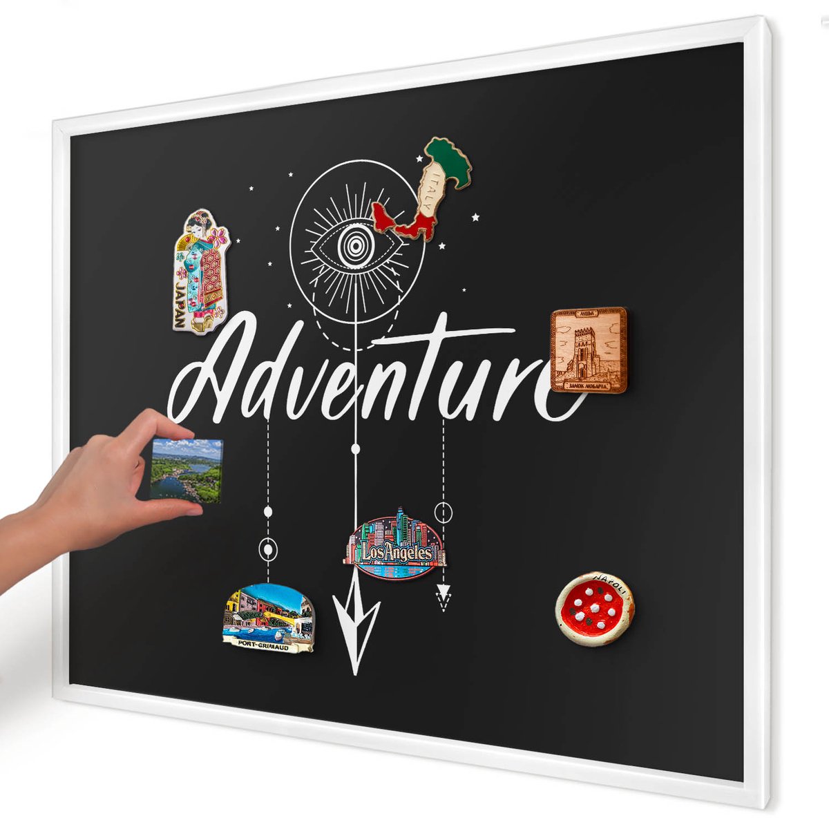 Artprintcave Zwart Magneetbord mit Witte Lijst - 80x60 cm - Avontuur Wacht. Magnetische Organizer - Typografisch Magneet Bord mit Frame - Teksten