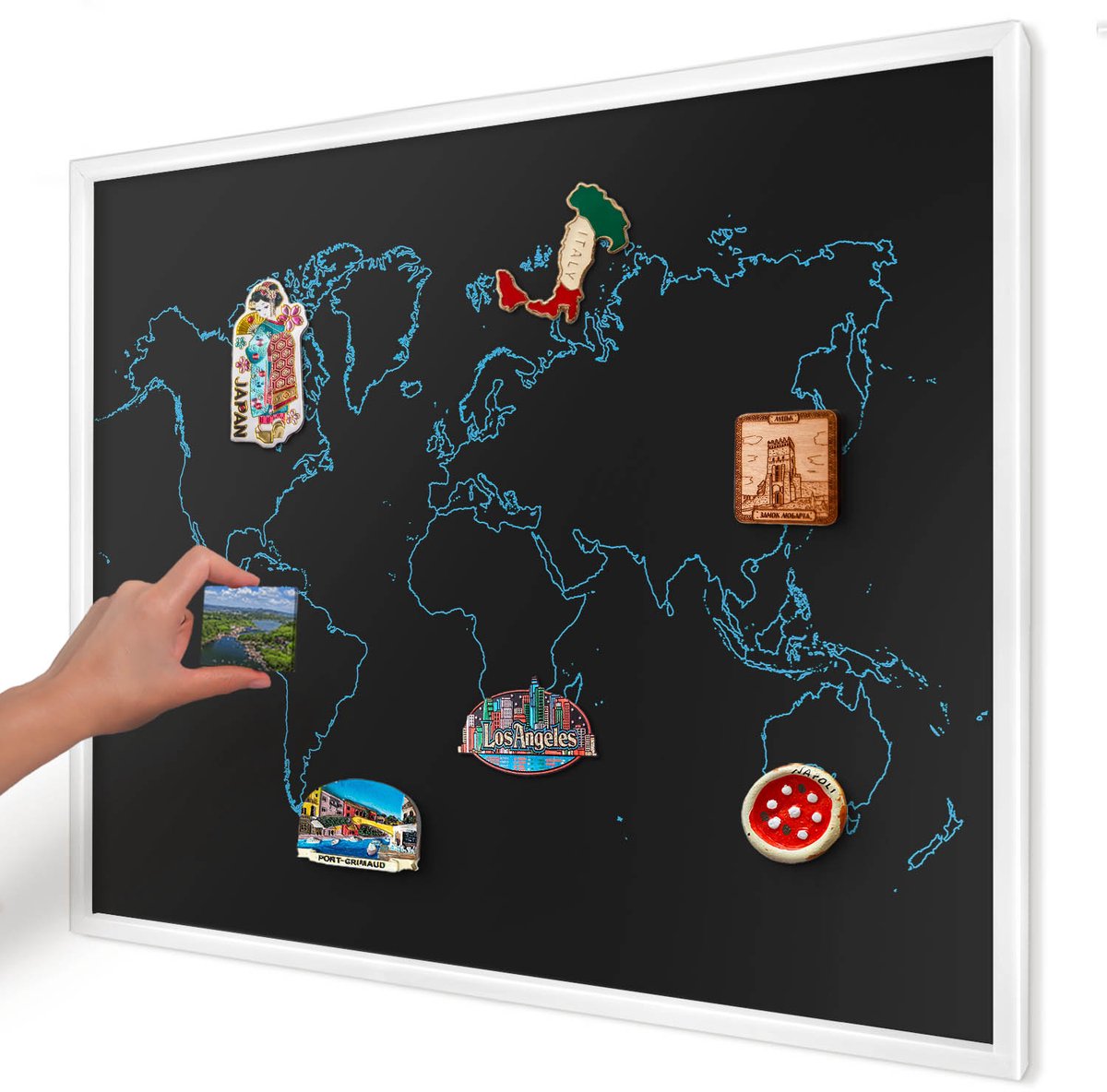 Artprintcave Zwart Magneetbord mit Witte Lijst - 80x60 cm - Wereldkaart Magnetisch Bord - Minimalist Magneetbord Voor Keuken - Kaarten