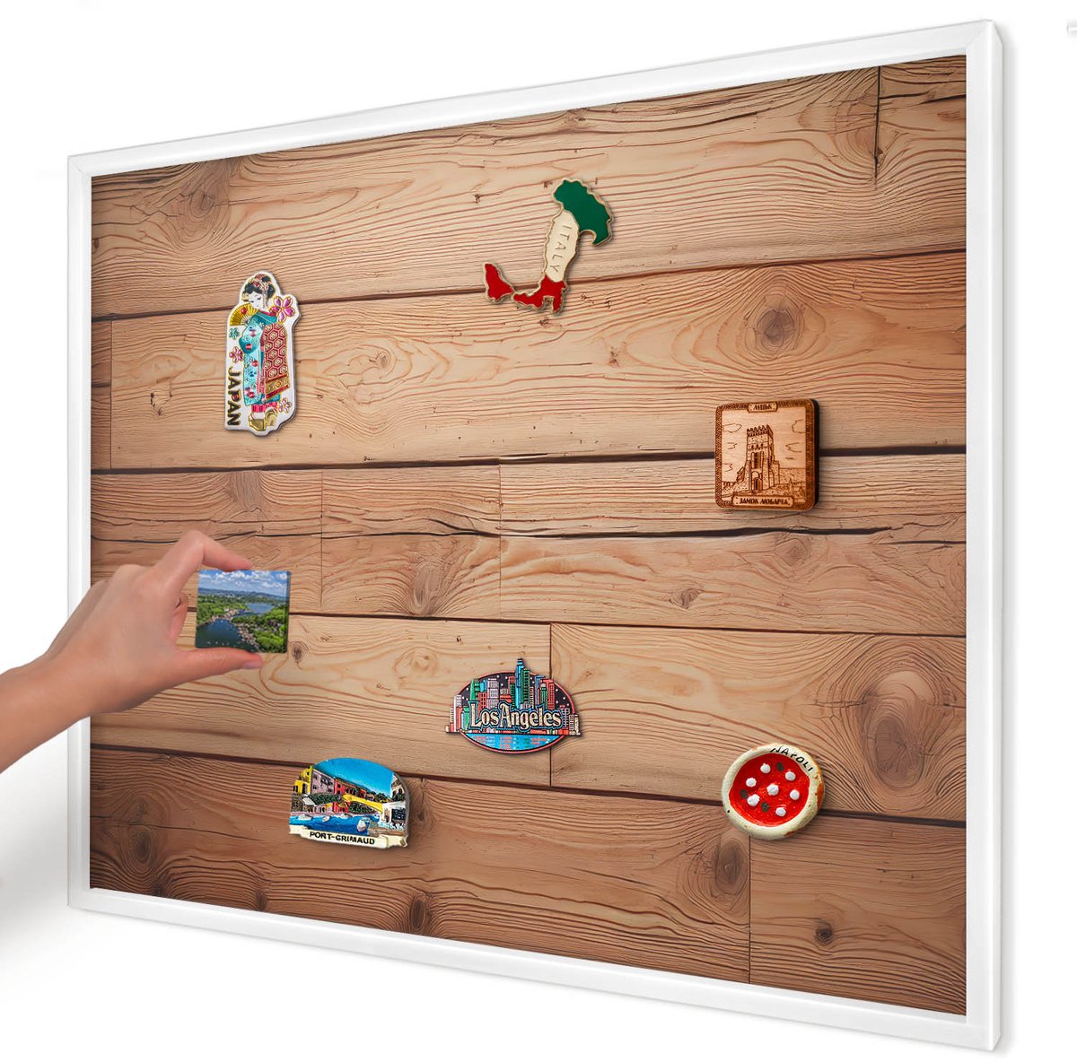 Artprintcave Bruin Magneetbord mit Witte Lijst - 80x60 cm - Houten Planken Bord Voor Magneten - Rustiek Memobord Keuken - Texturen