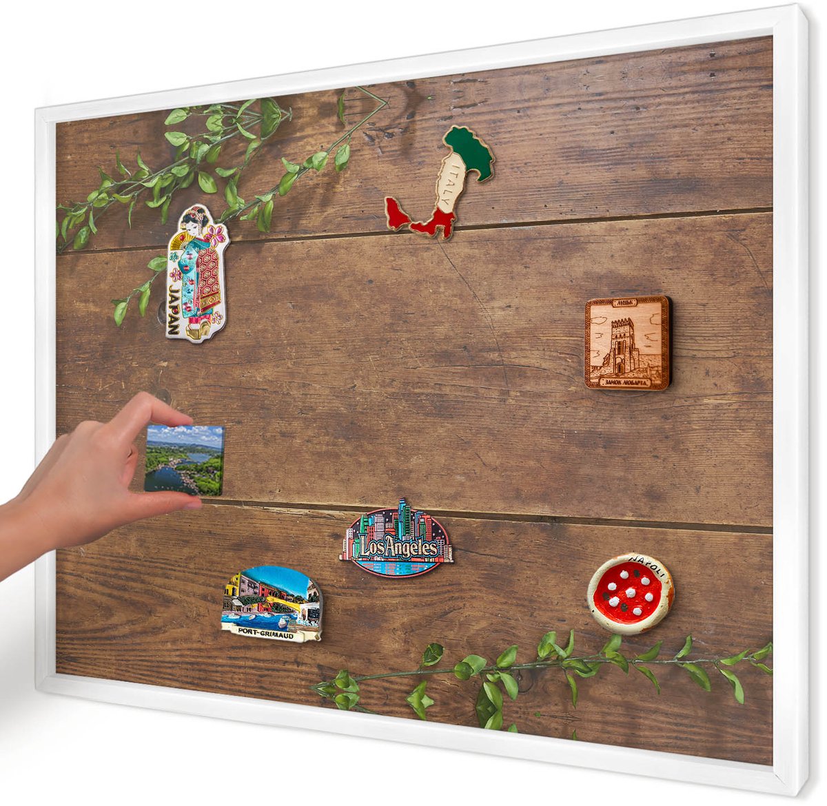 Artprintcave Bruin Magneetbord mit Witte Lijst - 70x50 cm - Hout Natuur Magneetbord Voor Foto's - Rustiek Magneetbord Voor Keuken - Natuur