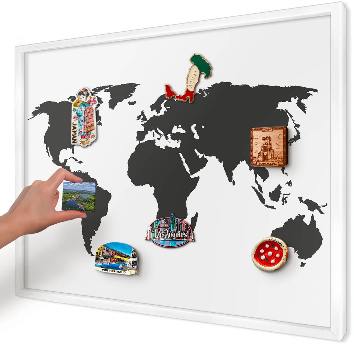 Artprintcave Zwart Magneetbord mit Witte Lijst - 70x50 cm - Wereldkaart Memobord Keuken - Minimalist Magneetbord Voor Foto's - Kaarten