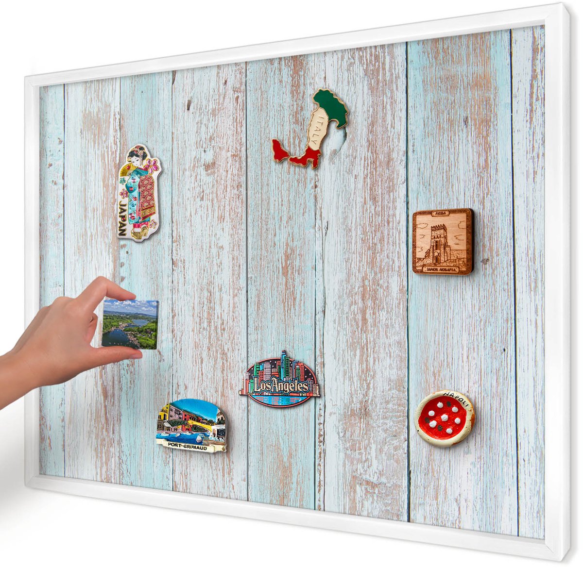 Artprintcave Blauw Magneetbord mit Witte Lijst - 70x50 cm - Rustieke Planken Magnetisch Bord - Rustiek Memobord Keuken - Texturen