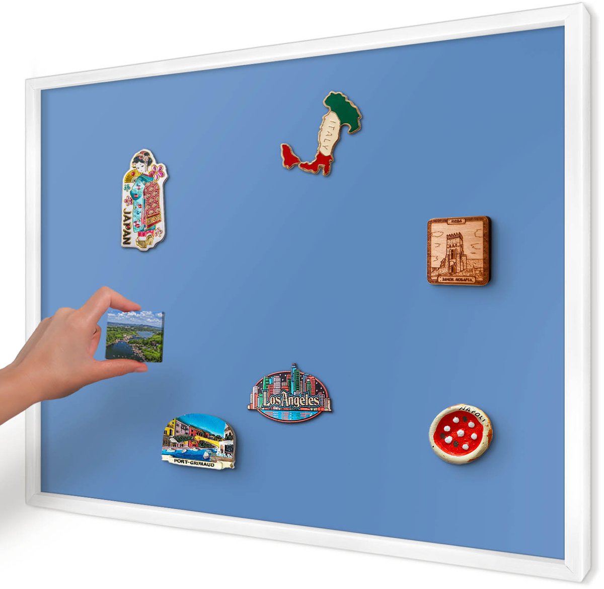 Artprintcave Blauw Magneetbord mit Witte Lijst - 70x50 cm - Blauwe Kleur Magnetisch Bord - Minimalist Magneet Bord mit Frame - Achtergronden En Patronen