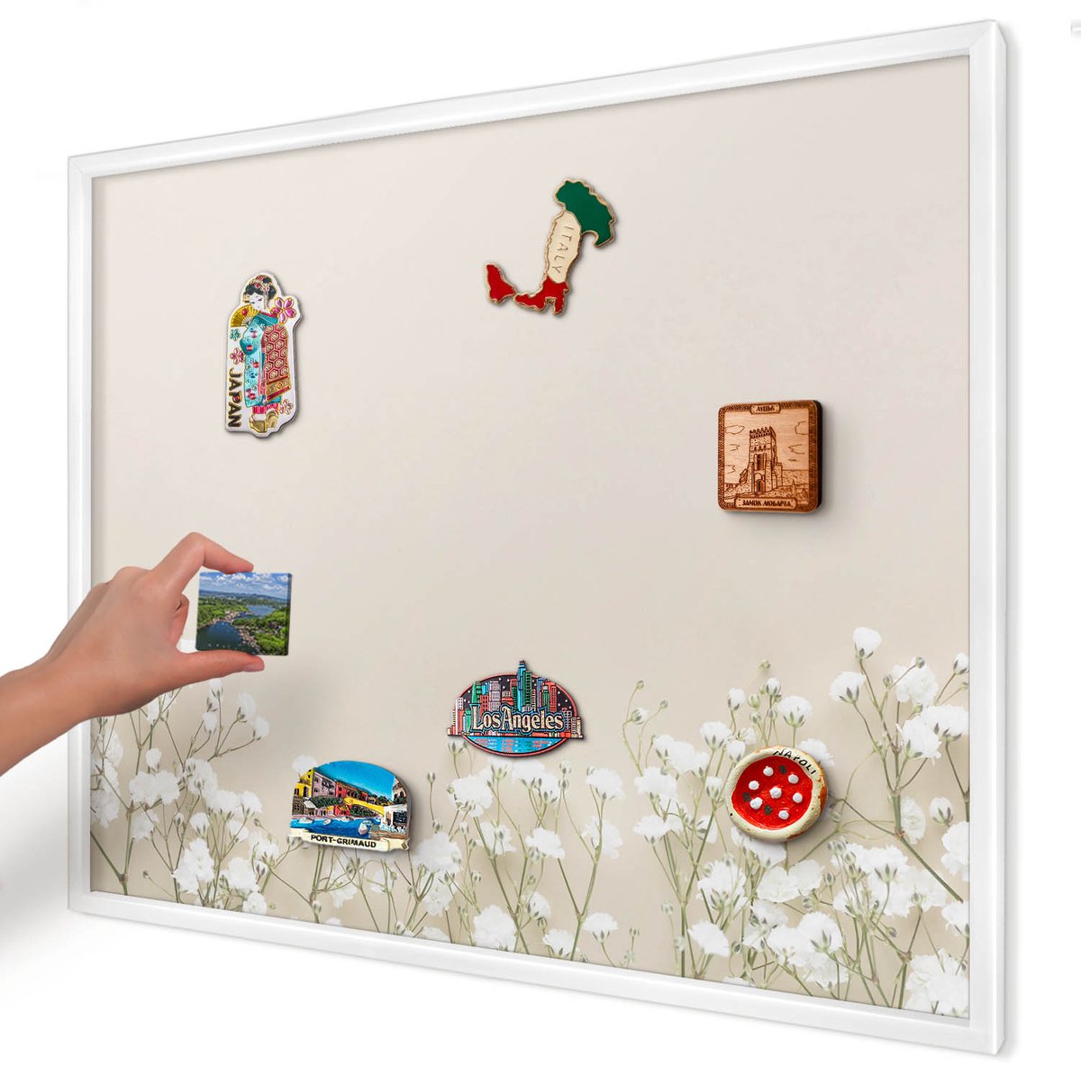 Artprintcave Beige Magneetbord mit Witte Lijst - 80x60 cm - Subtiele Natuur Magnetisch Bord Voor Magneten - Minimalist Magnetische Organizer - Bloemen En Planten