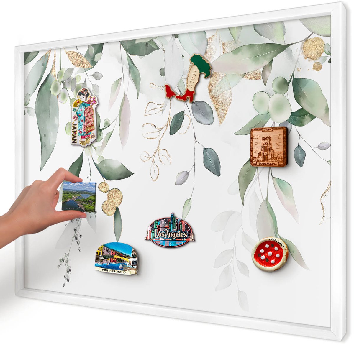 Artprintcave Groente Magneetbord mit Witte Lijst - 70x50 cm - Groene Bladeren Magnetische Organizer - Waterverf Magneetbord Voor Keuken - Bloemen En Planten