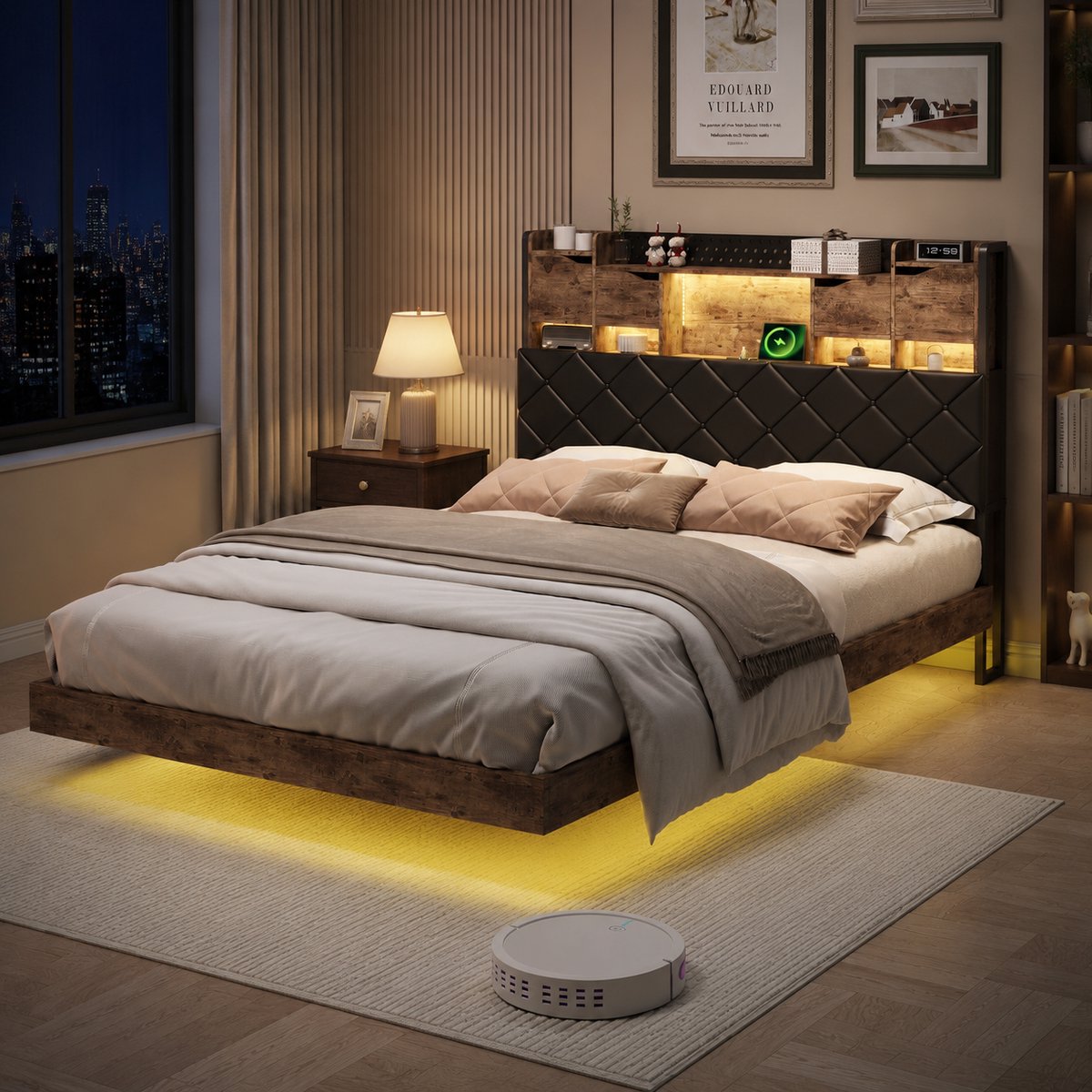 Tweepersoonsbed 140x200 cm – bedframe met USB-oplaadstation, LED-verlichting en opberghoofdbord, metalen bed, Zwevend industrieel, PU-kunstleer, vintage zwartbruin