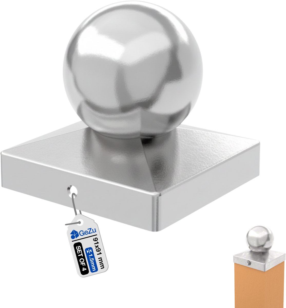 GeZu Impex Paalkappen Roestvrijstalen Set van 4 91 x 91 mm afdekkap afdek palen kapjes voor schuttingpalen