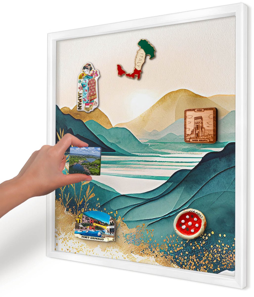 Artprintcave Turkoois Magneetbord mit Witte Lijst - 50x50 cm - Een Vredig Uitzicht Magnetisch Bord Voor Magneten - Waterverf Magnetisch Bord - Landschappen