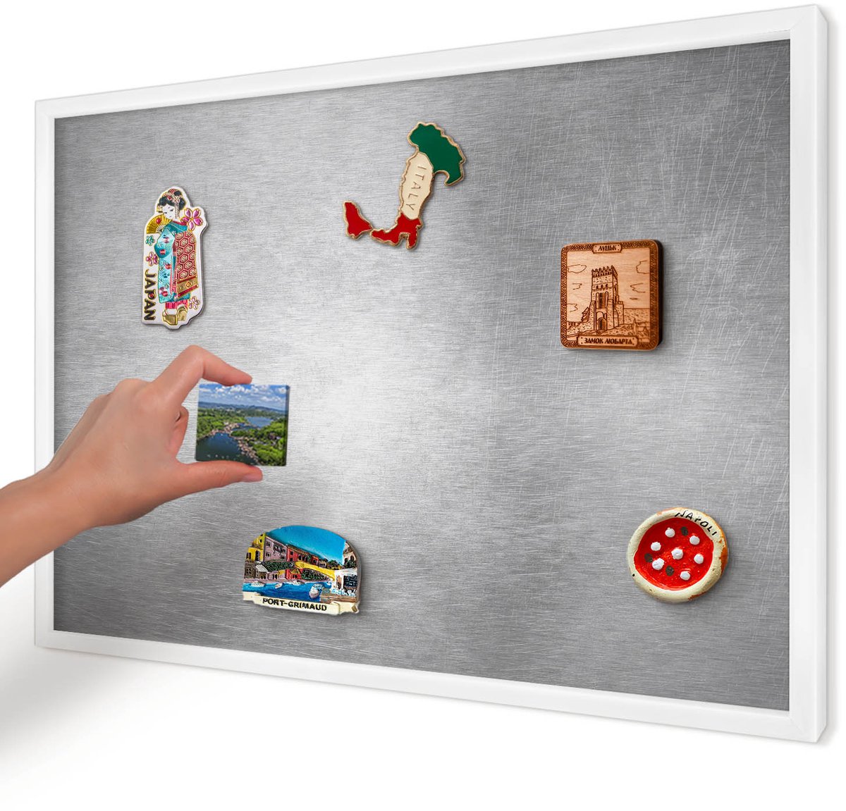 Artprintcave Grijs Magneetbord mit Witte Lijst - 60x40 cm - Metaalachtig Oppervlak Memobord Keuken - Industrieel/Loft Magneet Bord mit Frame - Texturen