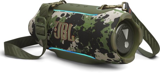 Haut-parleur JBL Xtreme 5 camouflage vert, avec bandoulière amovible et éclairage d'ambiance.