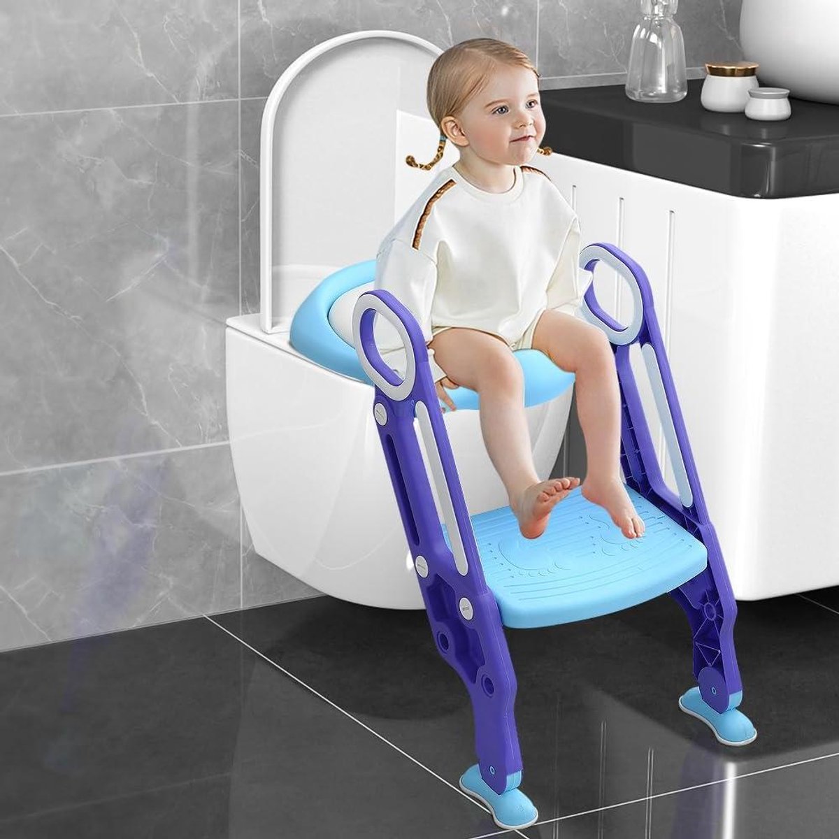 Kinder Toiletbril met Trap - Potjestrainer Zindelijkheidstrainer - Zelfstandig Toiletteren - Inklapbaar en Verstelbaar