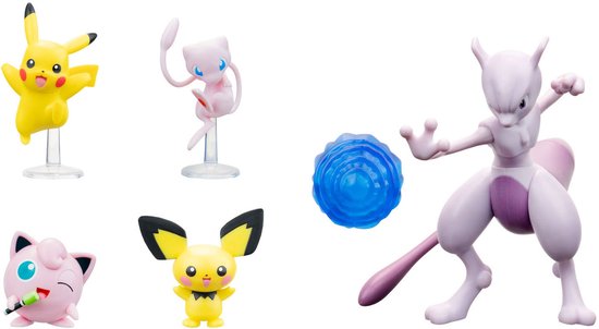 Vijf Pokémon-figuren: Pikachu, Pichu, Mew, Jigglypuff en Mewtwo met blauwe bal.