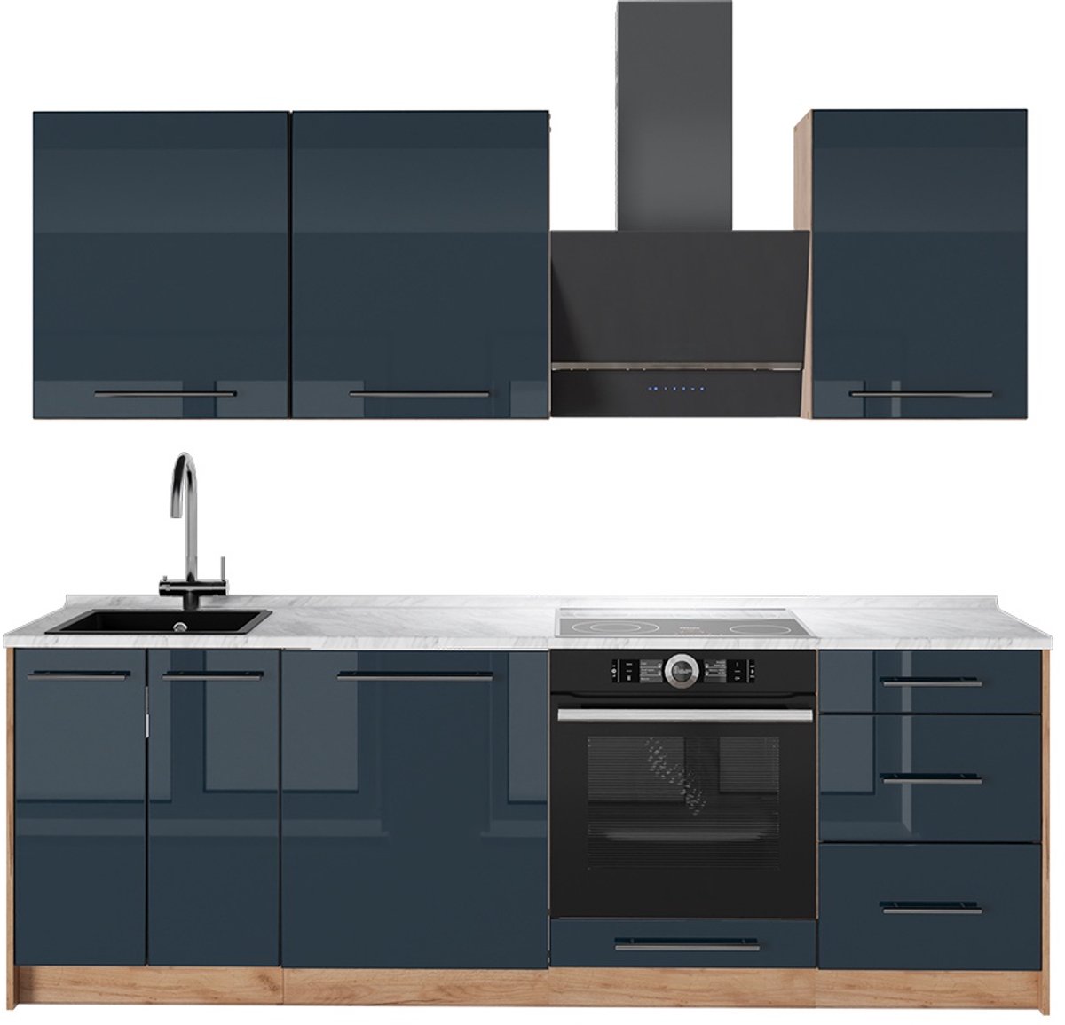 Vicco Complete keukeneenheid Fame-Line, Donkerblauw hoogglans/Goudkleurig Eiken, 230 cm, WB Marmer