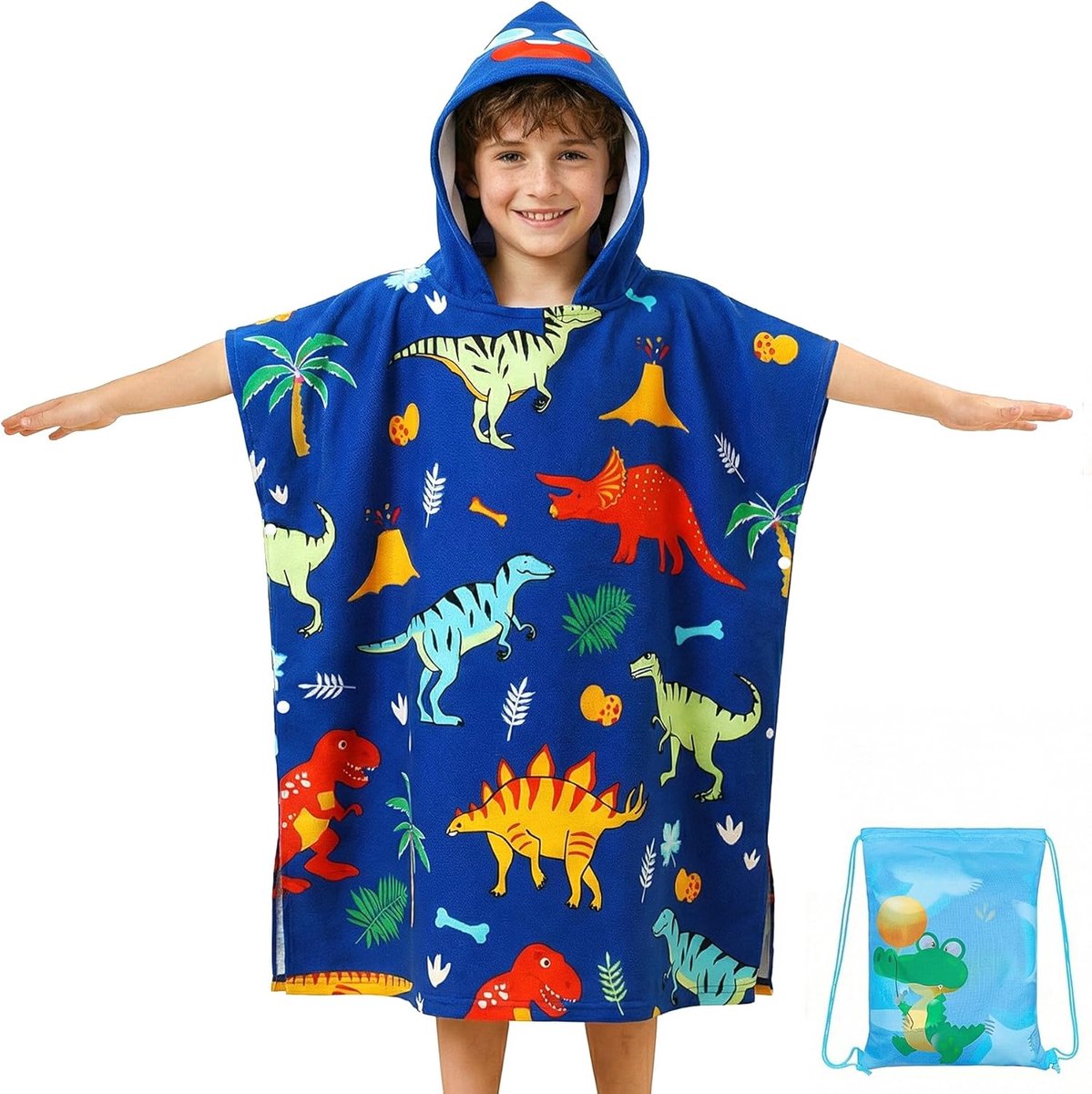 SnelShoppen - Domueay jongens badponcho met capuchon, zachte microvezel badhanddoek, absorberende strandhanddoek, blauw dinosaurus ontwerp, 75 x 180 c