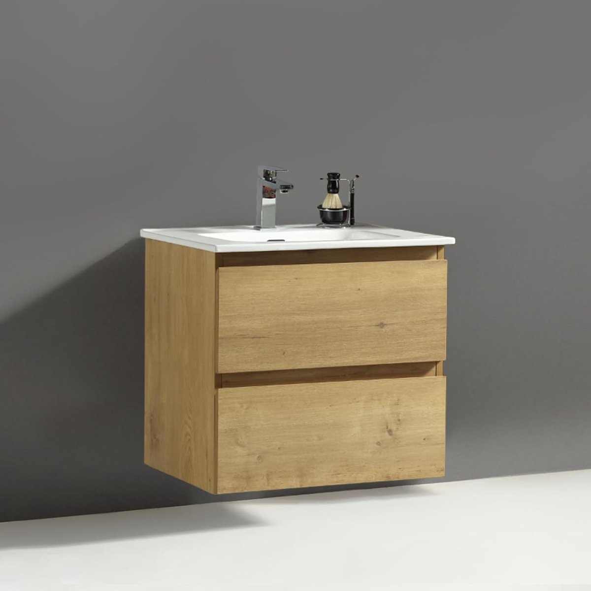 SnelShoppen - Wastafel met Onderkast 60 cm Breed, Badkamermeubelset, Eiken Natuur, Softclose Laden, Organizer, Hangend Meubel voor Gastentoilet, Badka