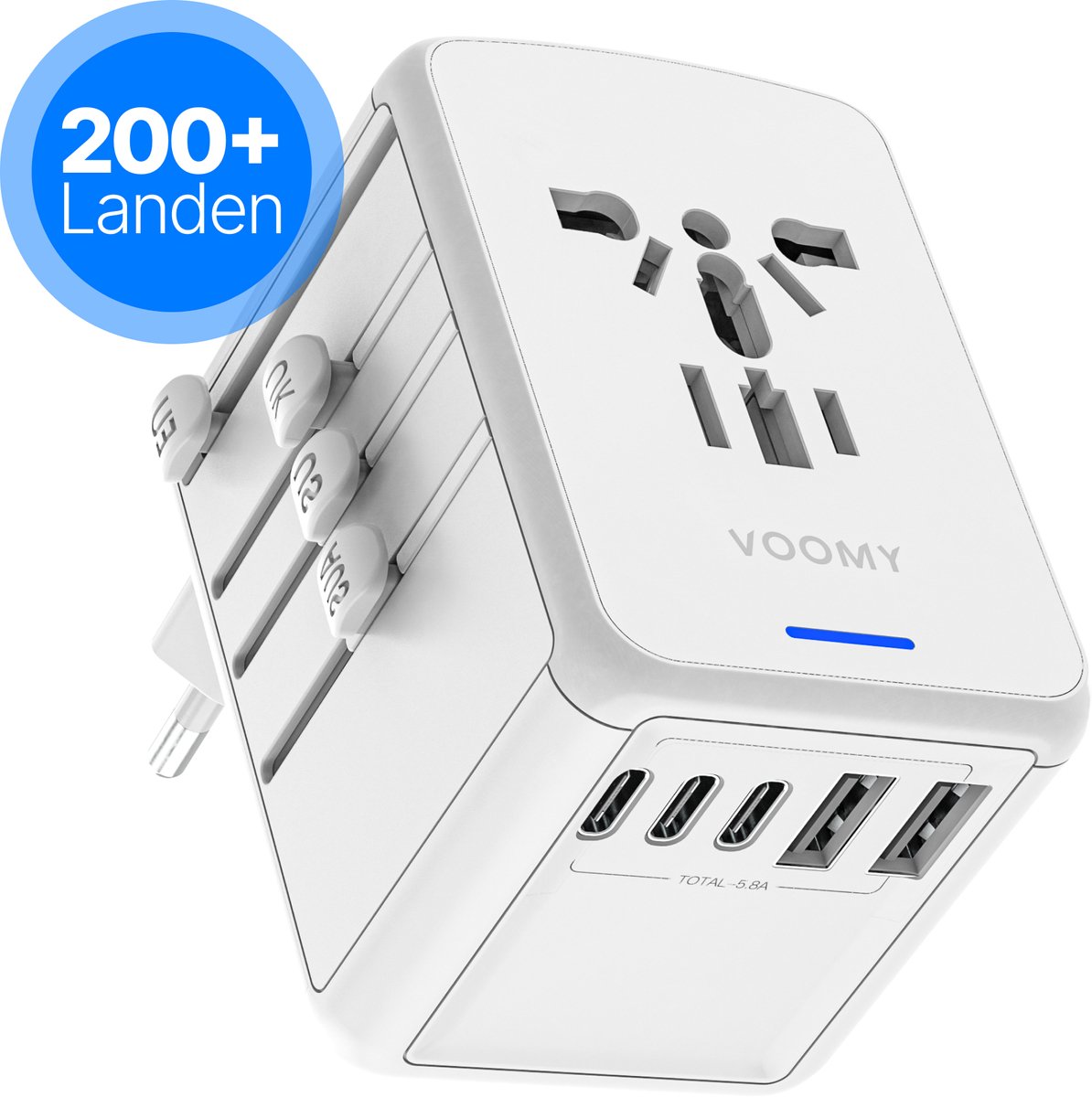 Bol.com Voomy Universele Wereldstekker - 200+ landen - 3 USB-C & 2 USB-A Poorten - Reisstekker Wereld: Amerika (USA), Engeland (... aanbieding