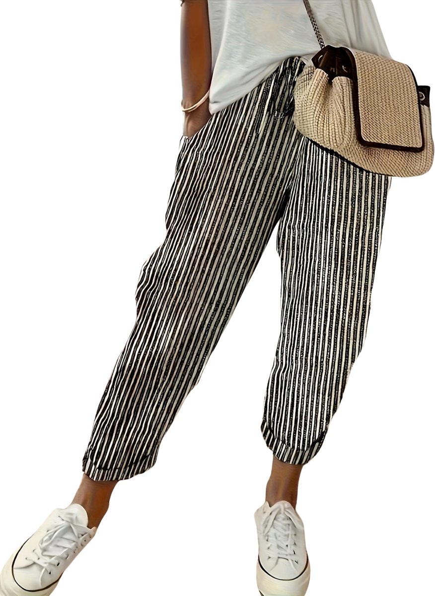 Currero Gestreepte Broek Dames and Striped Pants Yacht Club Linnen Broek Zomerbroek Volwassenen Lange Broek Strandbroek Zwart