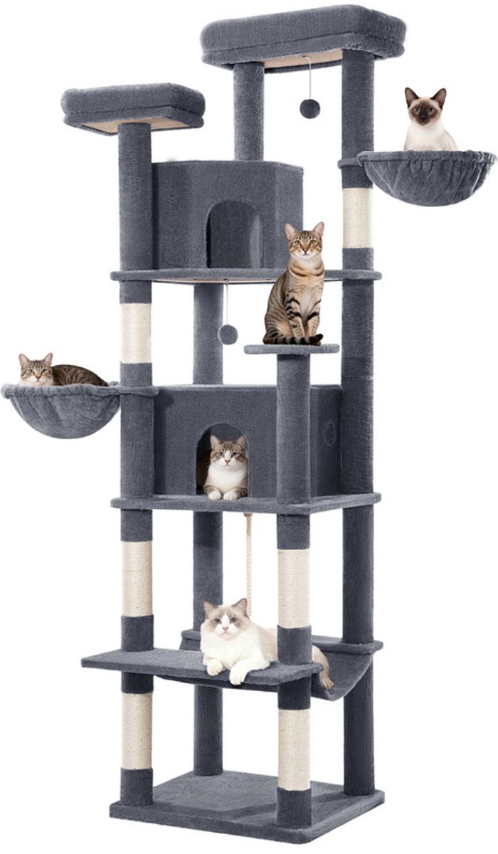 Krabpaal voor Grote Katten, 216 cm Klimtoren met Meerdere Verdiepingen, Krabpalen, 2 Comfortabele Huisjes, 2 Zitstokken, 2 Manden, Hangmat, voor Binnengebruik, Donkergrijs,2 gezellige grotten, krabzuilen, 2 platforms, hangmat, 2 manden