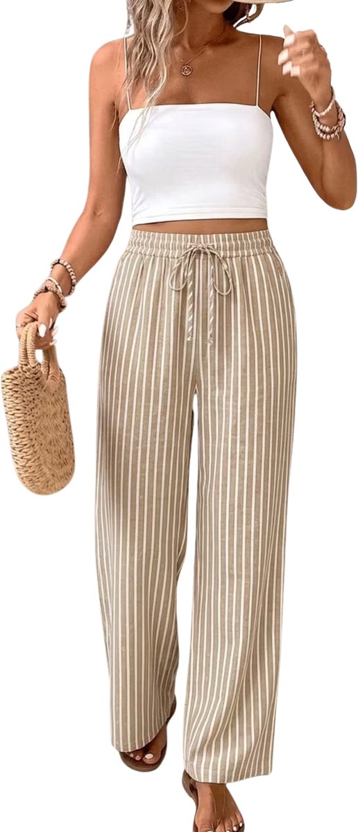 Currero Gestreepte Broek Dames and Striped Pants Yacht Club Linnen Broek Zomerbroek Volwassenen Lange Broek Strandbroek Abrikoos