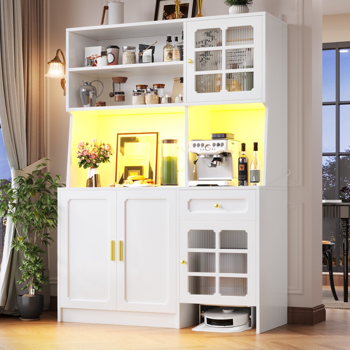 COVREO Keukenkast 130 x 45 x 180 cm, wit, MDF, met glazen deuren en LED