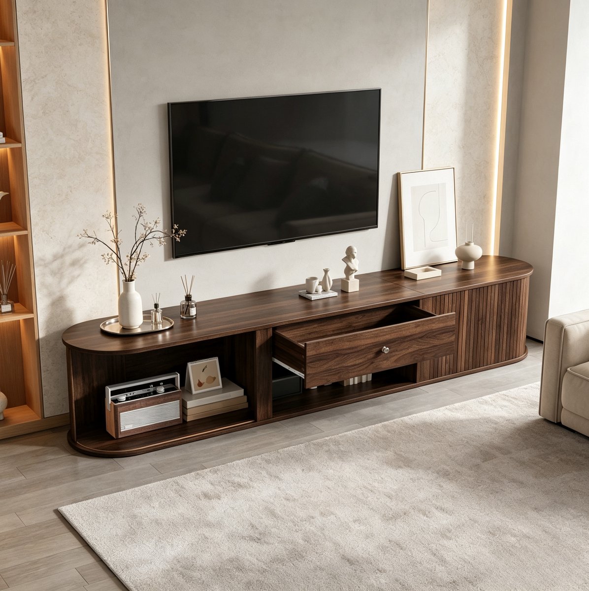 FloraGrace Dressoir - Tv Meubel Met Roldeuren En Lade - Voor Woonkamer En Eetkamer - Houtlook Spaanplaat - 180x40x40 Cm - Walnoot