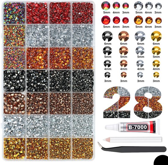 Doos met 28 vakjes gevuld met diverse maten en kleuren strass steentjes, inclusief B-7000 lijm, pincet en applicator.