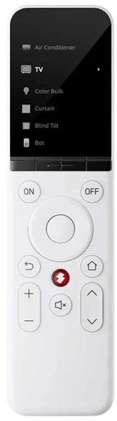 Witte afstandsbediening met aan/uit-knoppen, navigatiepad en scherm met 'Air Conditioner', 'TV', 'Color Bulb', 'Blind Tilt', 'Bot'.