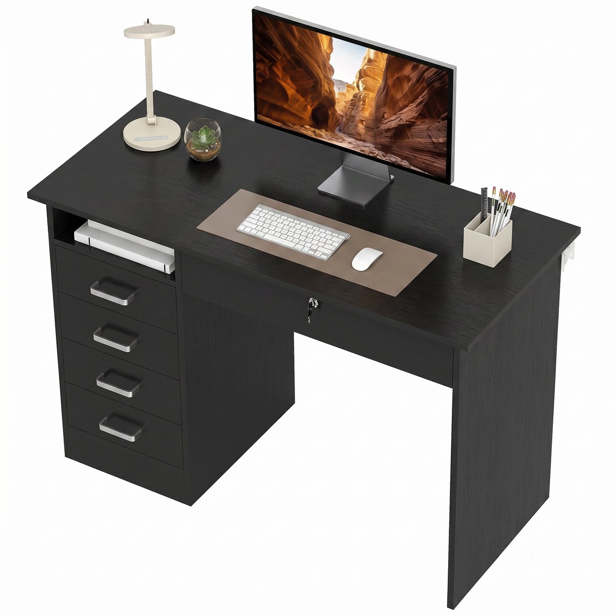 ECTEATOY® Modern Bureau met 5 Lades en Open Vak - Computertafel met Afsluitbare Lade - Werktafel voor Thuiskantoor - 110x50x76 cm - Zwart