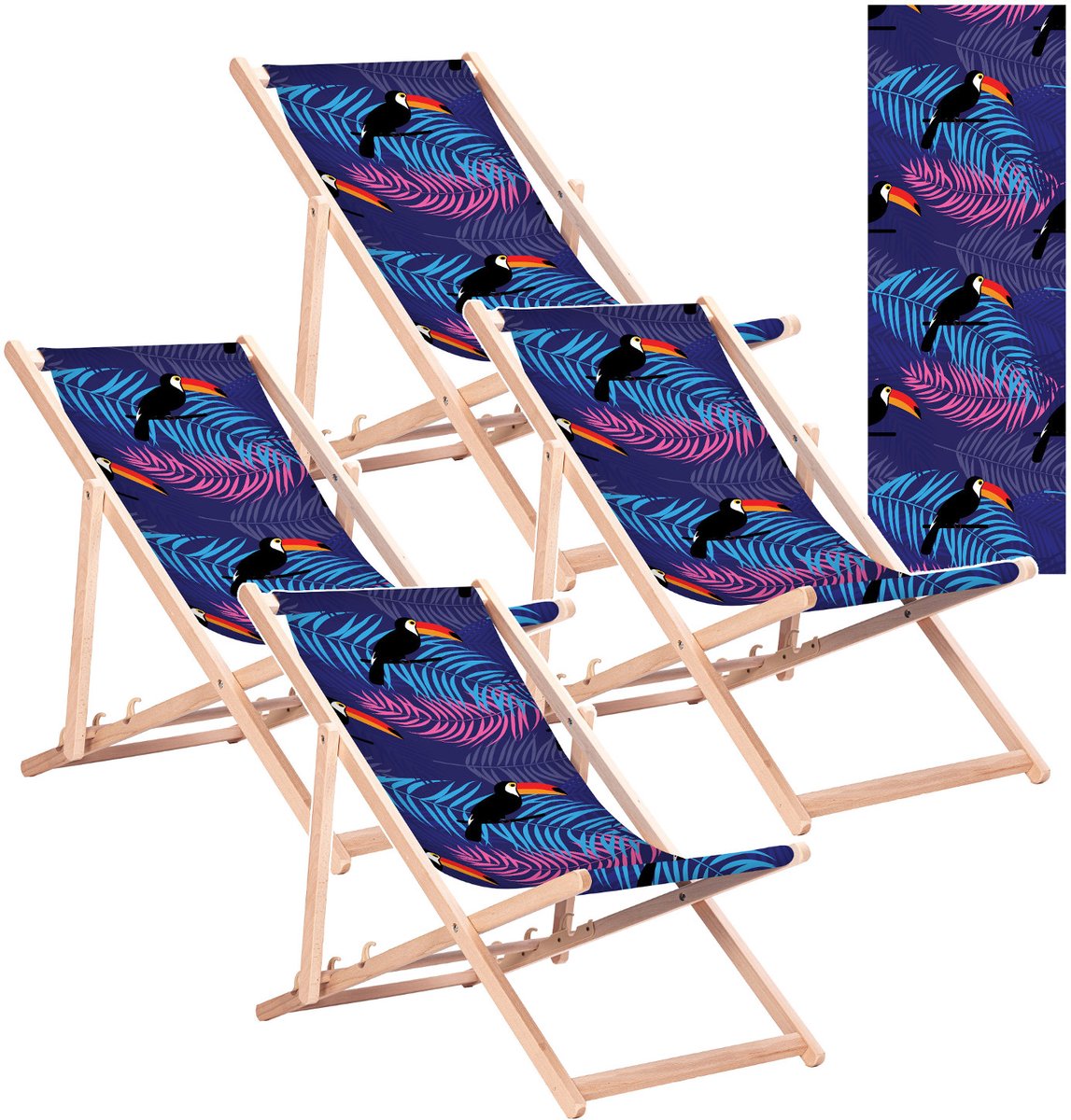 GreenBlue GB183 - Strandstoel - Klassieke beukenhouten ligstoel met Tukan-print - tot 110 kg - 4 stuks