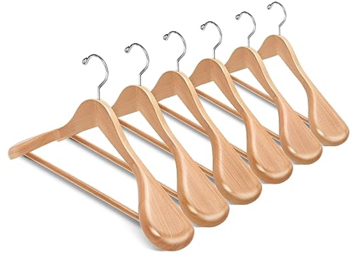 Huis Geluk 10 stuks natuurlijke houten kleerhangers 44,5 cm met brede schouder – heavy duty antislip broekstang voor jas en broek