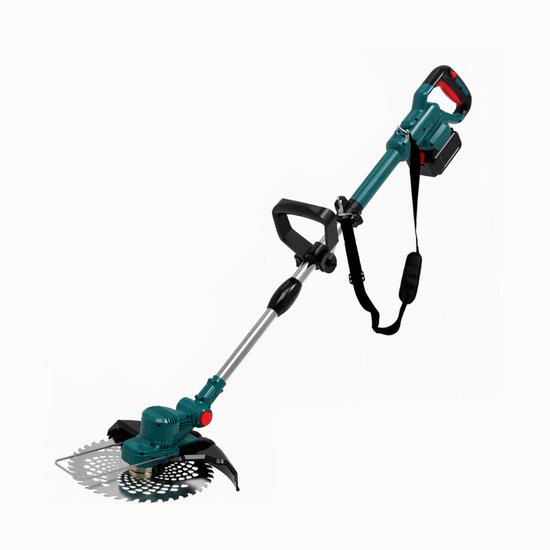 Accu grasmaaier in teal en zwart met een verstelbare steel en schouderband. Beschikt over een scherp metalen snijblad.