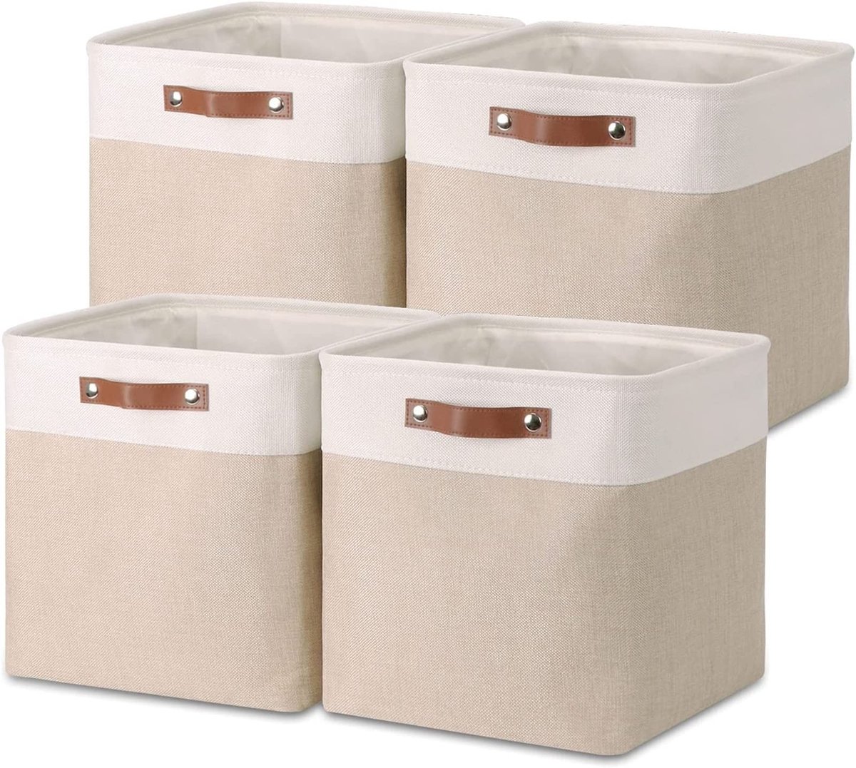 Omgoods - Vouwbare Opbergdozen - Set van 4 - Linnen met Leren Handvatten