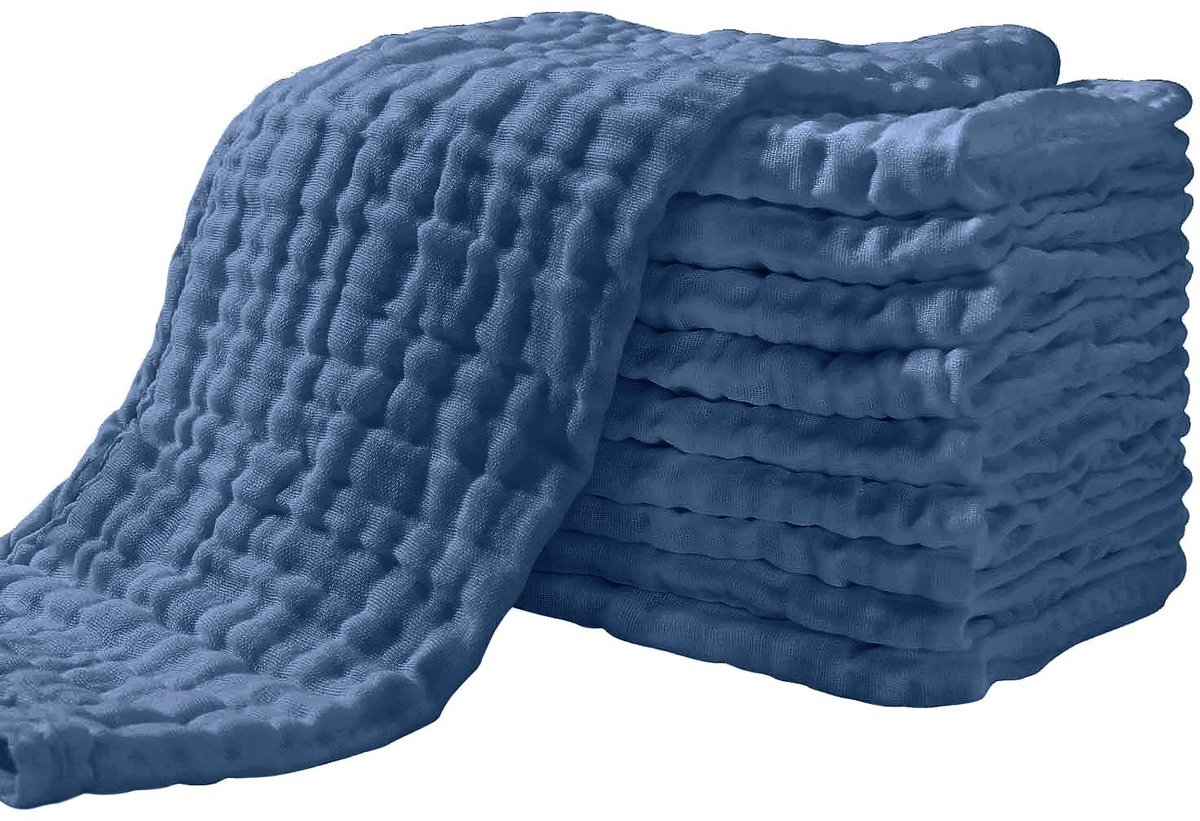 SnelShoppen - 10 Stuks Nappy Burp Cloths - 27x50 cm - 6 Lagen Absorbente Wasdoeken - 100% Katoen - Donkerblauw - Babydoeken voor Borstvoeding en Versc
