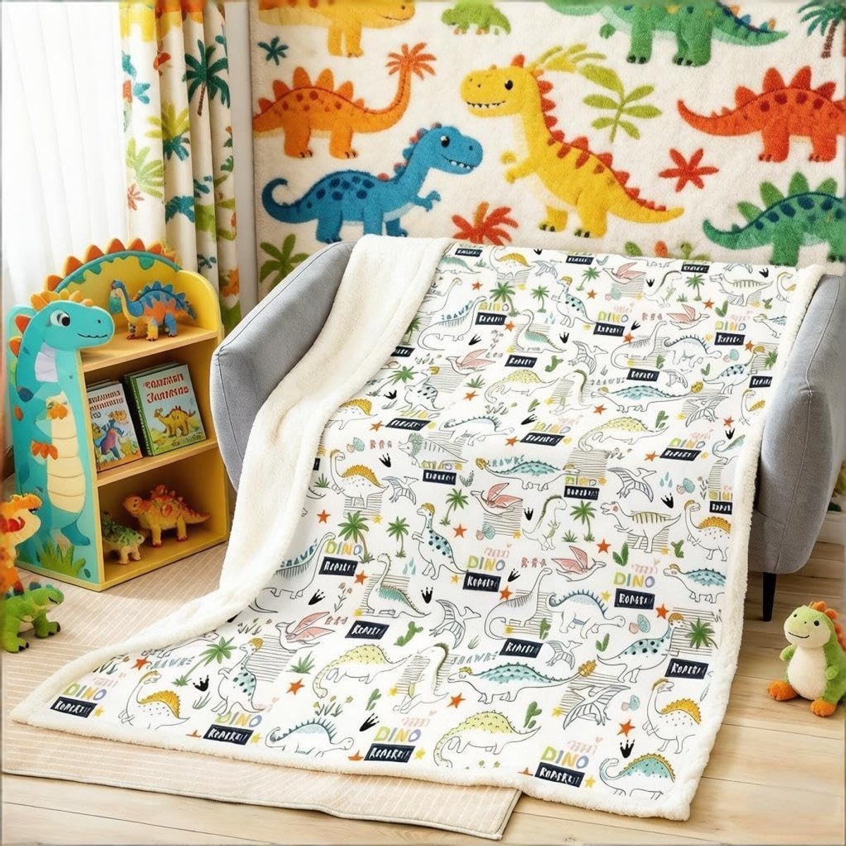 Omgoods - Fleece Plaid Deken met Dinosaurussen voor Kinderen 152 x 201cm
