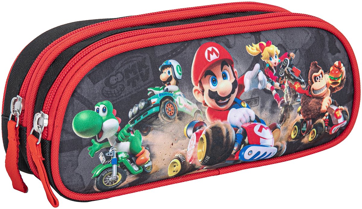 Mario Kart World Etui Jongens – Pennenzak met Mario, Luigi, Yoshi, Peach en Donkey Kong – Zwart en Rood – 2 Vakken