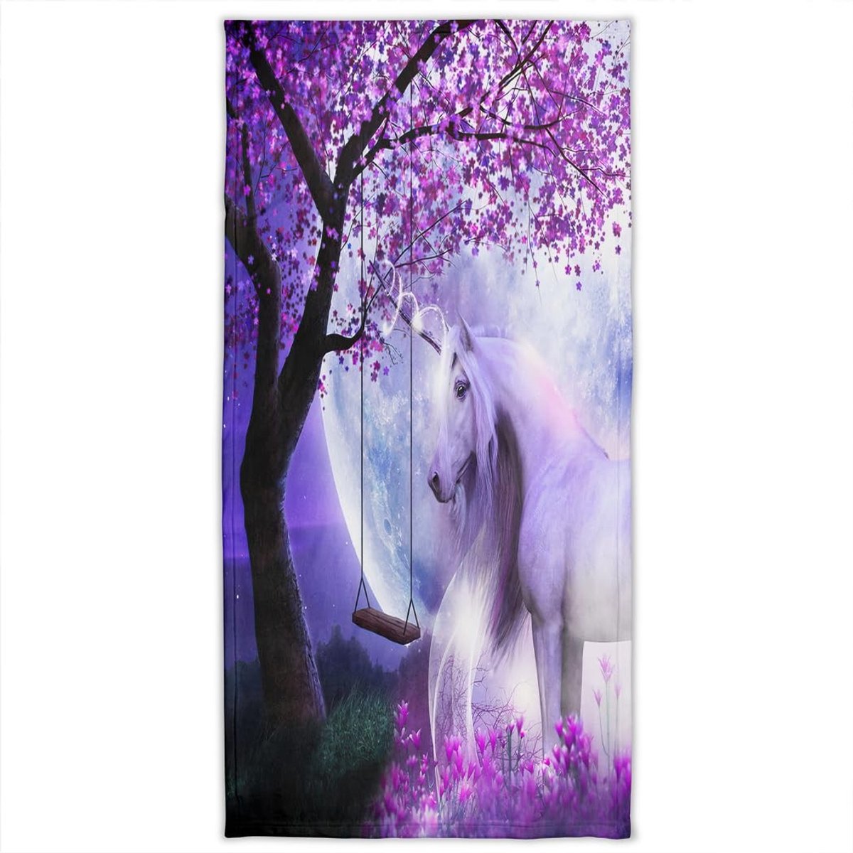 Omgoods - Strandlaken Eenhoorn met Paarse Bloemen - 70x140 cm Katoen