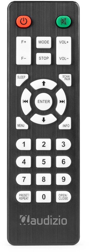 Zwarte afstandsbediening met knoppen voor radiofuncties zoals power, mode, volume en nummers.