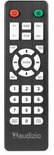 Zwarte afstandsbediening met knoppen voor radiofuncties zoals power, mode, volume en nummers.