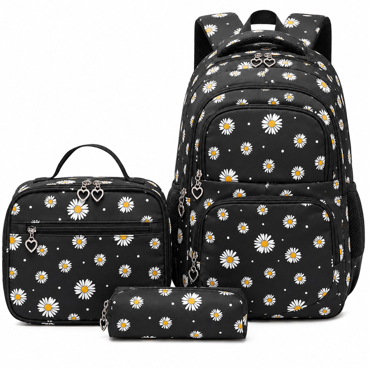 Schoolrugzak Set 3-delig - Zwarte Madeliefjes Rugzak - Lunchtas en Etui - Waterbestendig - Lichtgewicht - 14 Inch Laptopvak - Voor Kinderen en Tieners