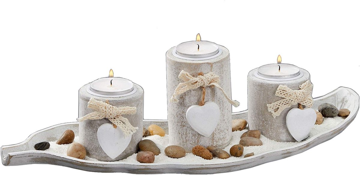 Omgoods - Maritime Tealight Holder Set - Antiek Witte Kaarsenhouder met Decoratief Hart